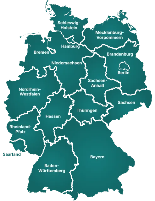 Grafische Karte von Deutschland mit den Bundesländern, zur Illustration der bundesweiten DCIG-Regionalverbände.